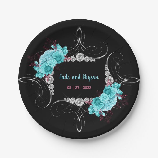 Floral Turquoise and Mauve Elegant Rhinestone   Paper Plate (Front)