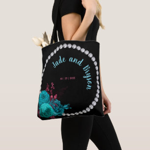 Floral Turquoise and Mauve Elegant Rhinestone   Tote Bag