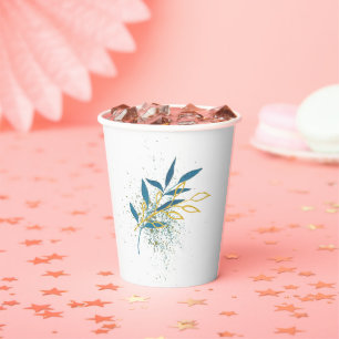 Floral Turquoise Blue and Gold Paper Cups