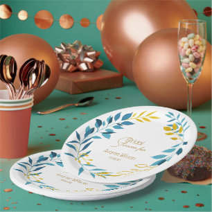Floral Turquoise Blue and Gold Paper Plates