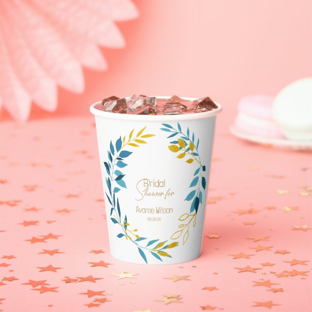 Floral Turquoise Blue and Gold Paper Plates Cups (Insitu)