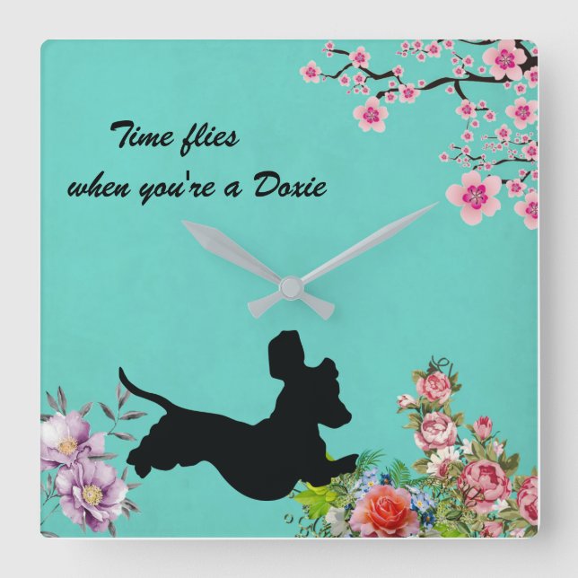 Floral Turquoise Dachshund Silhouette Wall Clock (Front)