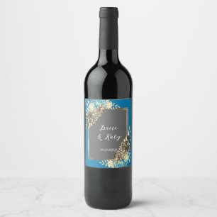 Floral Turquoise Grey & Pale Yellow Wedding Wine Label