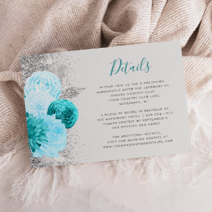 Floral Turquoise Grey Silver Wedding Details Enclosure Card