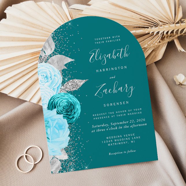 Floral Turquoise Silver Glitter Arch Wedding Invitation (Creator Uploaded)