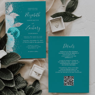 Floral Turquoise Silver Glitter QR Code Wedding Invitation