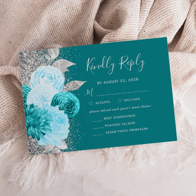 Floral Turquoise Silver Meal Choice Wedding RSVP Card (Creator Uploaded)