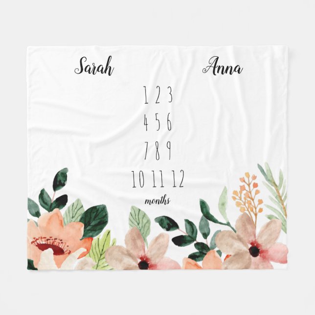 Floral Twin Girls Milestone Blanket  (Front (Horizontal))