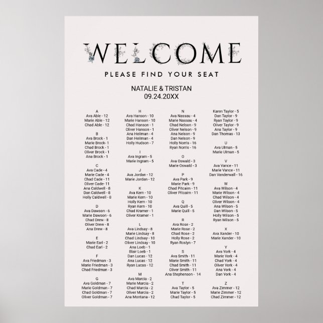 Floral Typography Alphabetical Seating Chart (Front)