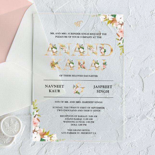 Floral Typography Anand Karaj Sikh Wedding Acrylic Invitations (Creator Uploaded)