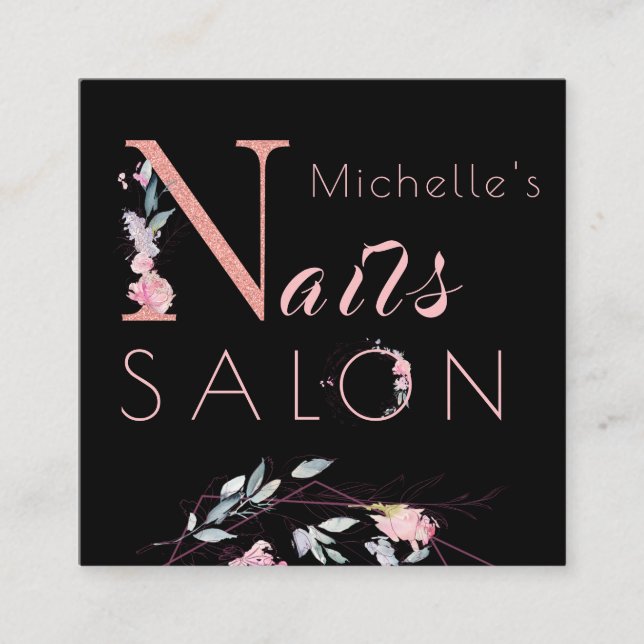 Floral typography glitter pink black nails salon square business card (Front)