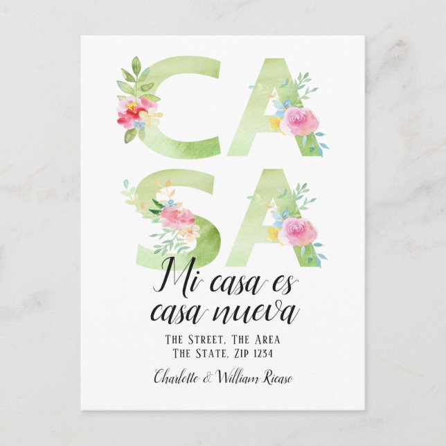Floral Typography New Casa Home Announcement Postcard (Front)