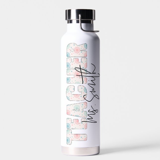 Floral Typography Script Name Teacher Appreciation Water Bottle (Left)