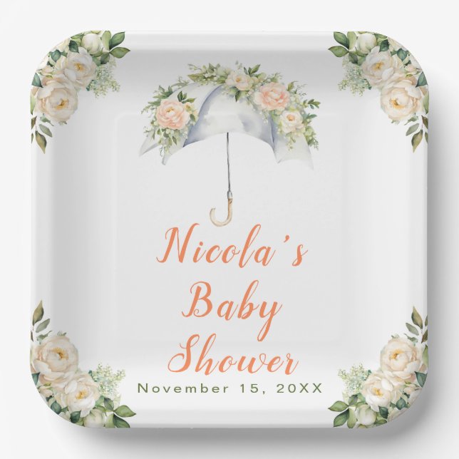 Floral Umbrella Baby Shower Paper Plate (Front)