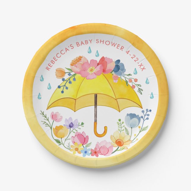 Floral Umbrella Baby Shower Paper Plates – April S (Front)
