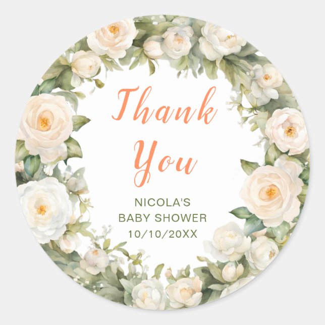 Floral Umbrella Baby Shower Thank You Classic Round Sticker (Front)