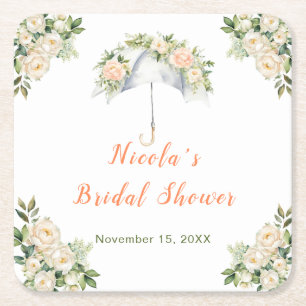 Floral Umbrella Bridal Shower Square Paper Coaster