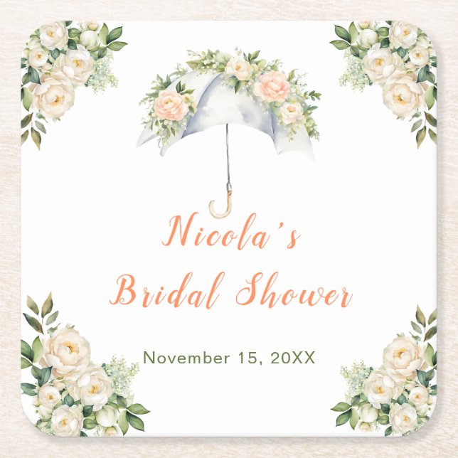Floral Umbrella Bridal Shower Square Paper Coaster (Front)