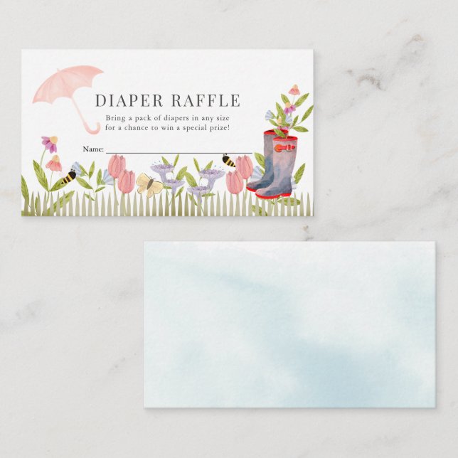 Floral Umbrella Rain Boots Diaper Raffle Ticket Enclosure Card (Front/Back)