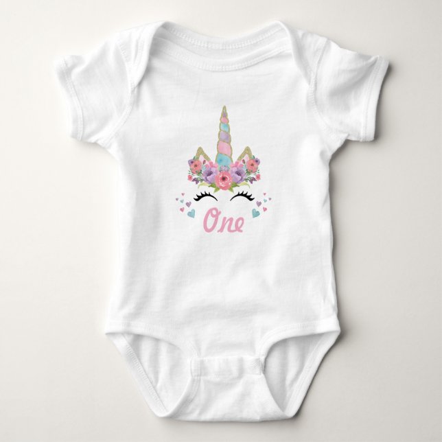 Floral Unicorn 1st Birthday Party Outfit Baby Bodysuit (Front)