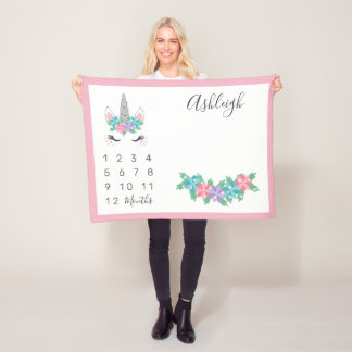 Floral Unicorn Baby Monthly Milestone Fleece Blanket
