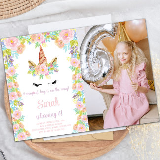 Floral Unicorn Birthday Invitation with photo