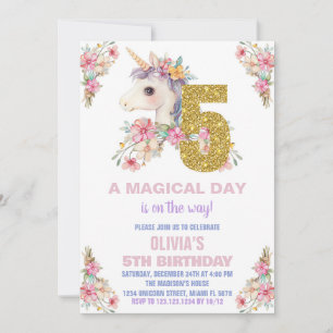 Floral Unicorn Birthday Invitations Glitter