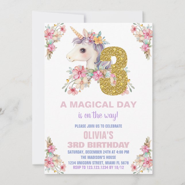 Floral Unicorn Birthday Invitations Glitter (Front)
