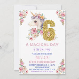 Floral Unicorn Birthday Invitations Glitter