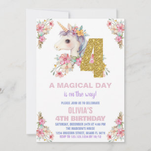Floral Unicorn Birthday Invitations Glitter