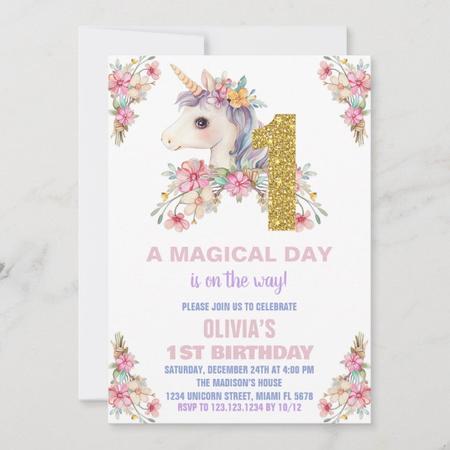 Floral Unicorn Birthday Invitations Glitter (Front)