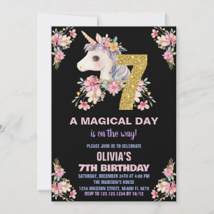 Floral Unicorn Birthday Invitations Glitter