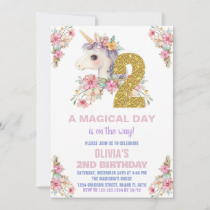 Floral Unicorn Birthday Invitations Glitter