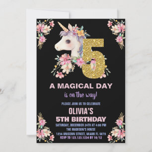 Floral Unicorn Birthday Invitations Glitter