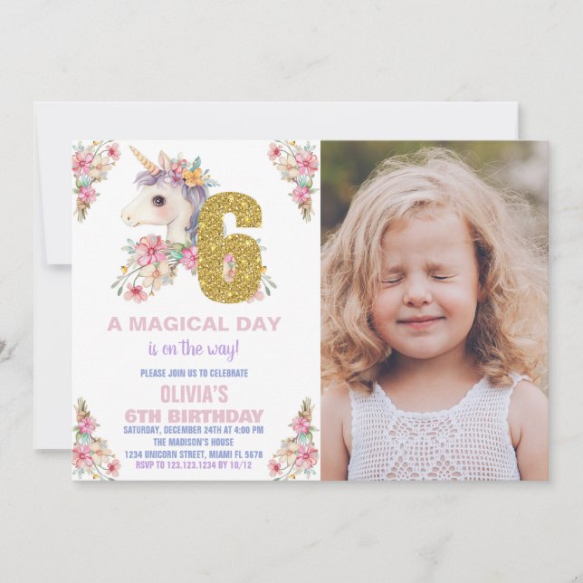 Floral Unicorn Birthday Invitations Glitter photo (Front)