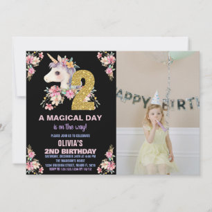 Floral Unicorn Birthday Invitations Glitter photo