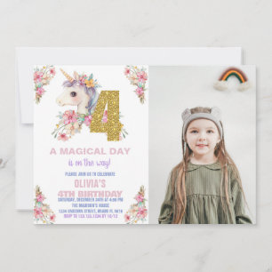 Floral Unicorn Birthday Invitations Glitter photo
