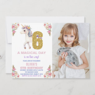 Floral Unicorn Birthday Invitations with photo