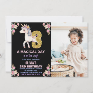 Floral Unicorn Birthday Invitations with photo