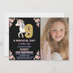 Floral Unicorn Birthday Invitations with photo