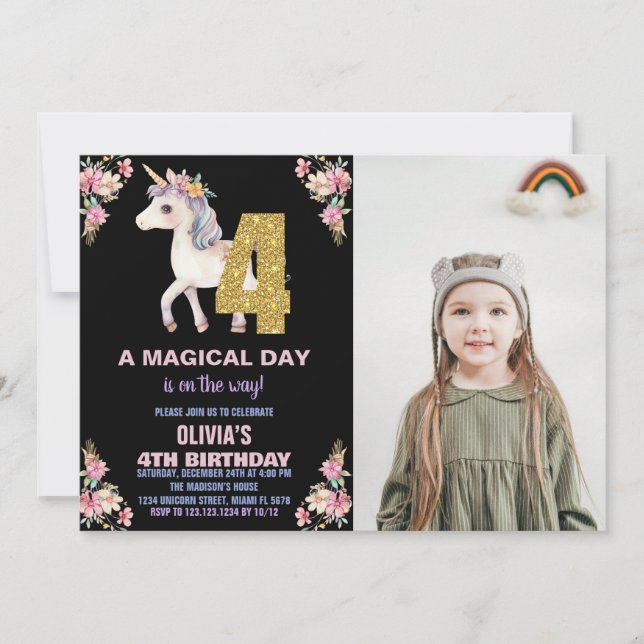 Floral Unicorn Birthday Invitations with photo (Front)