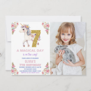 Floral Unicorn Birthday Invitations with photo