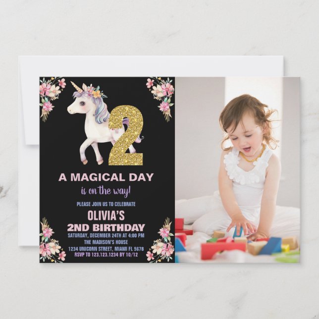 Floral Unicorn Birthday Invitations with photo (Front)