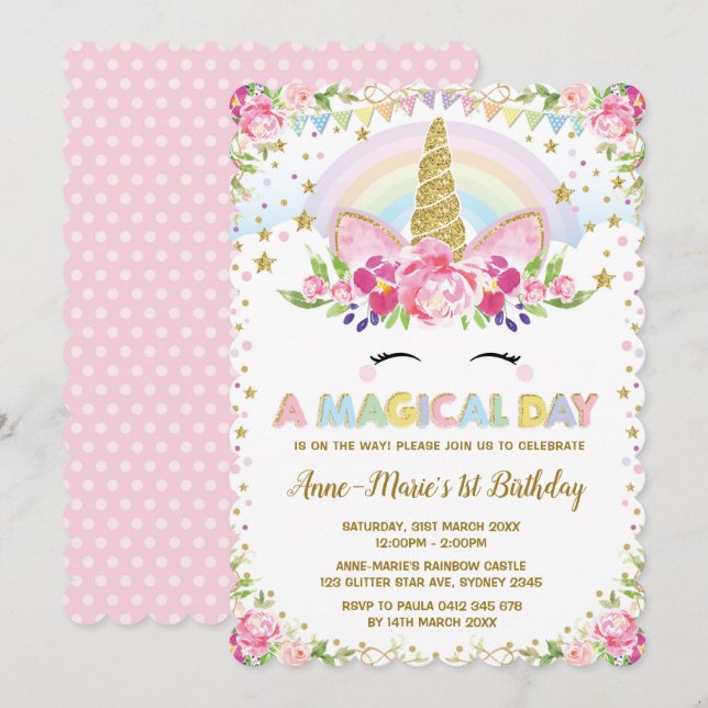 Floral Unicorn Birthday Pink Gold Party Invite (Front/Back)