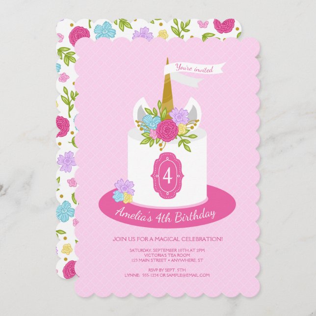 Floral Unicorn Cake Birthday Party Invitation (Front/Back)