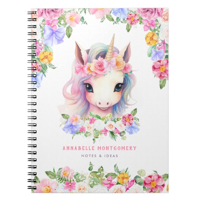 Floral Unicorn Cute Girly Custom Name Kids School Notebook (Front)