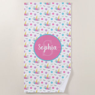 Floral Unicorn Face Personalised Monogram Girl Beach Towel