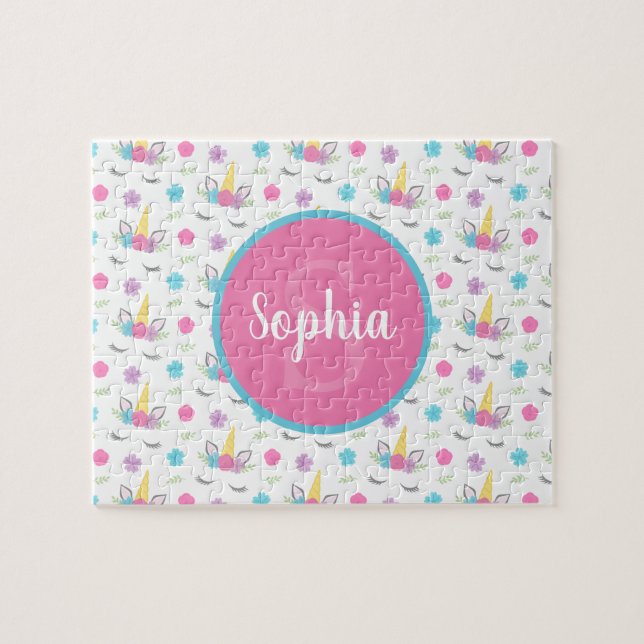 Floral Unicorn Face Personalised Monogram Kids Jigsaw Puzzle (Horizontal)