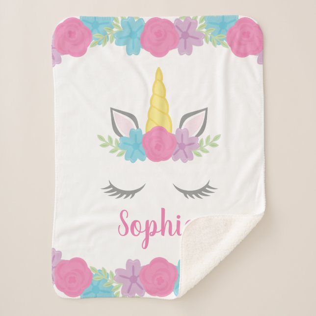 Floral Unicorn Face Personalised Sherpa Blanket (Front)