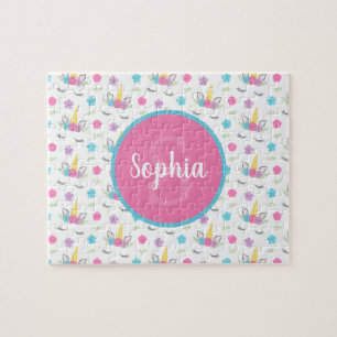 Floral Unicorn Face Personalized Monogram Kids Jigsaw Puzzle